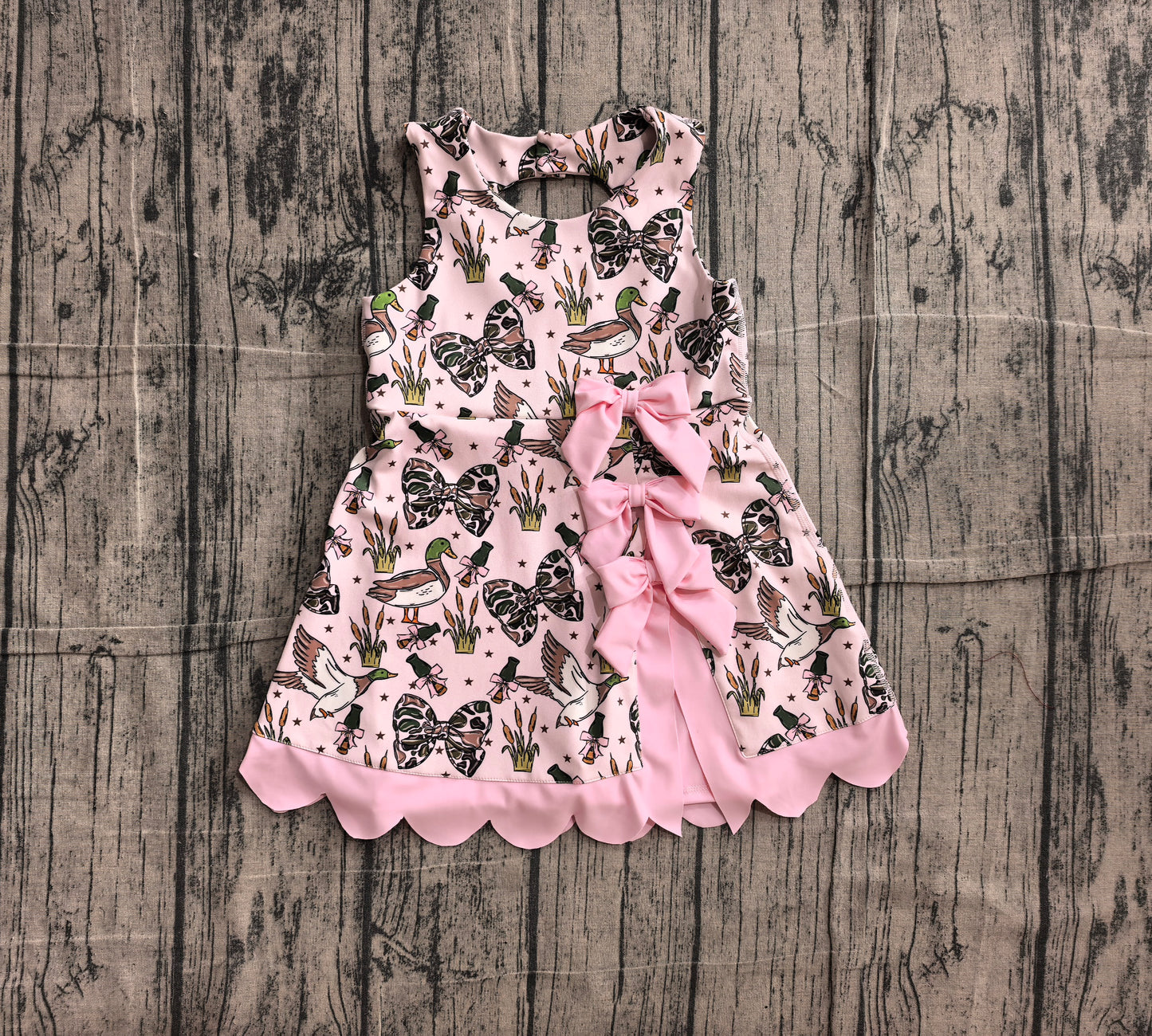Baby Girls Camo Bows Ducks Hunting Yoga Active Scallop Short Knee Length Dress Preorder