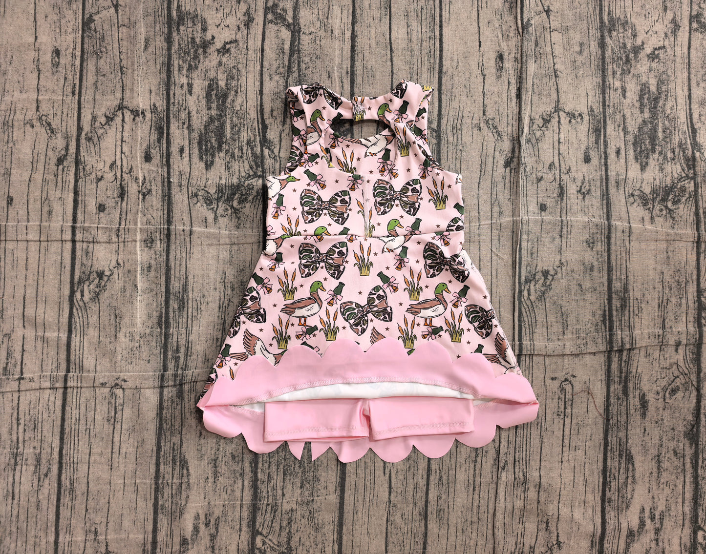 Baby Girls Camo Bows Ducks Hunting Yoga Active Scallop Short Knee Length Dress Preorder