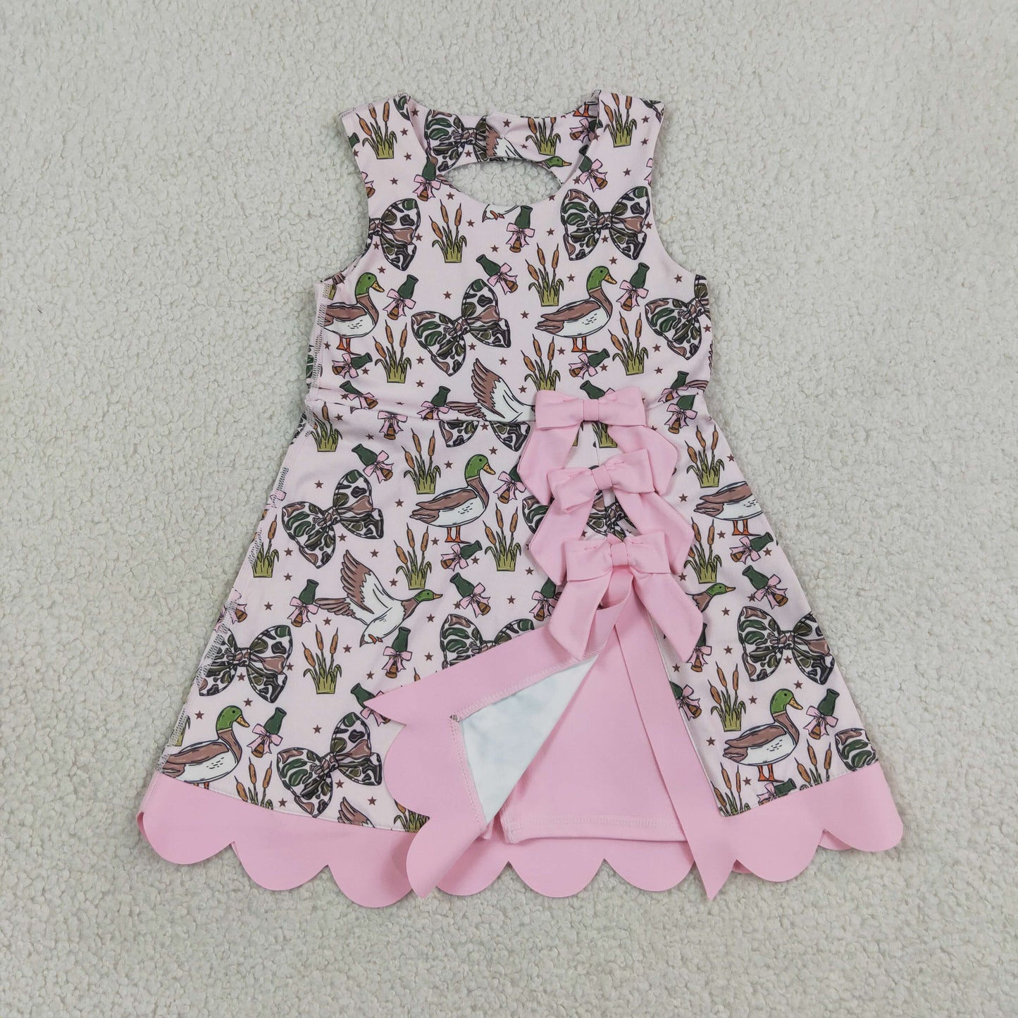 Sibling Baby Girls Camo Bows Ducks Yoga Active Short Bow Scallop Knee Length Dresses