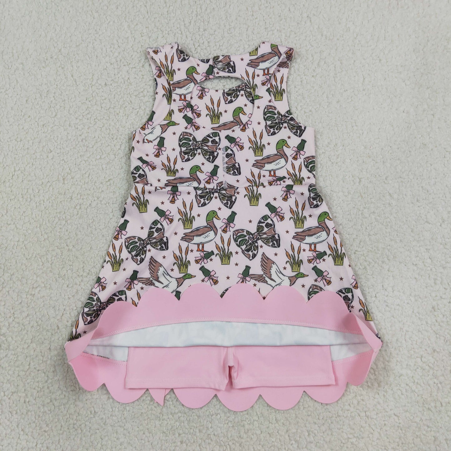Sibling Baby Girls Camo Bows Ducks Yoga Active Short Bow Scallop Knee Length Dresses