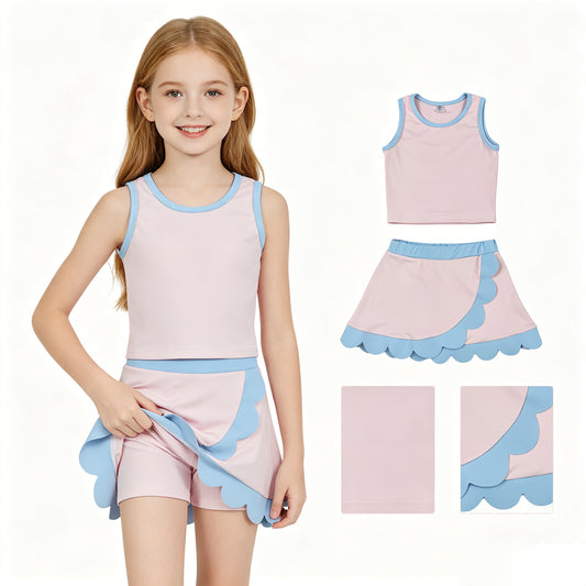 Baby Girls Sleeveless Light Pink Vest Scallop Skirt Short Yoga Active Clothes Set