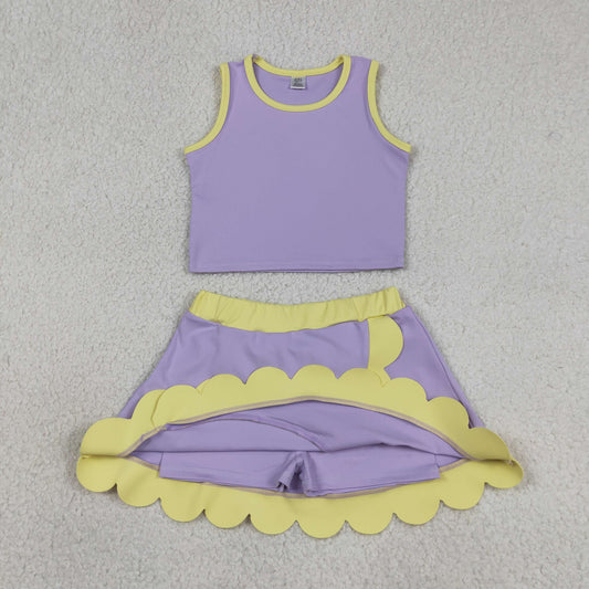 USA Shop Baby Girls Yellow Purple Vest Top Scallop Skirt Shorts Yoga Active Clothes Sets