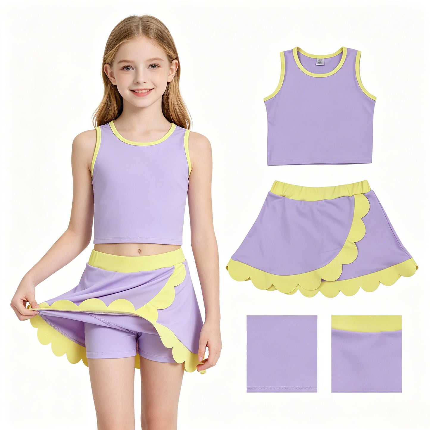 Baby Girls Lavender Yellow Vest Scallop Skirt Short Yoga Active Clothes Set