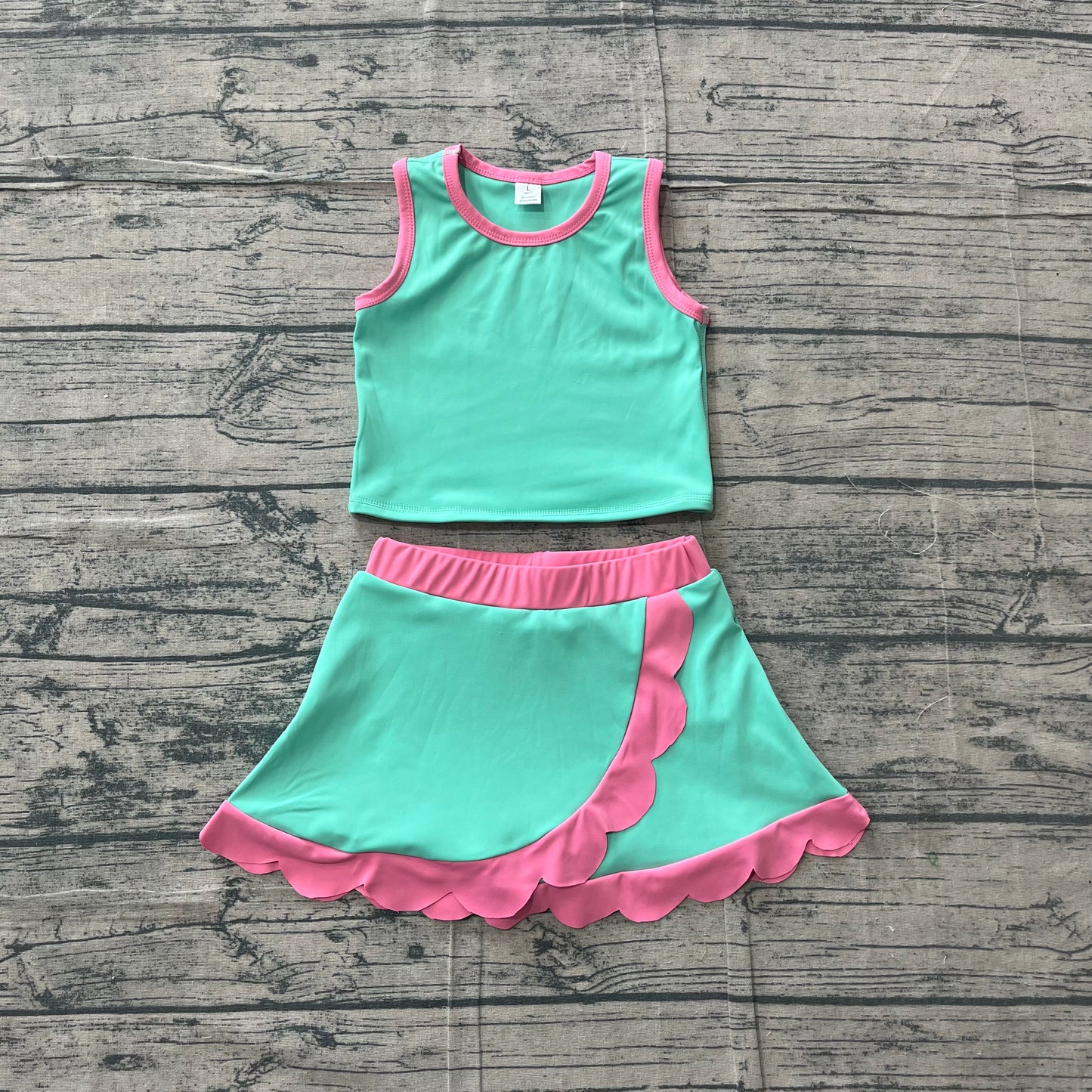 Baby Girls Sleeveless Aqua Pink Vest Scallop Skirt Short Yoga Active Clothes Set