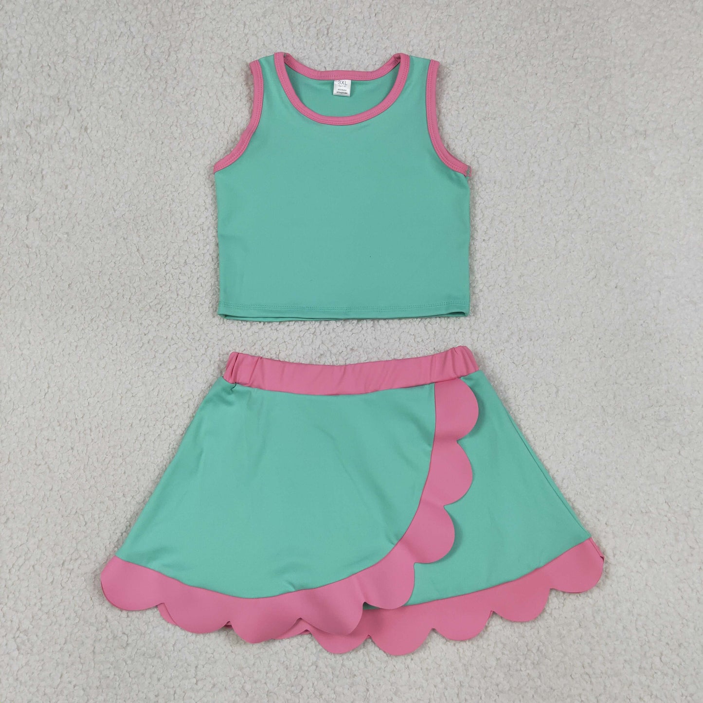 Baby Girls Sleeveless Aqua Pink Vest Scallop Skirt Short Yoga Active Clothes Set