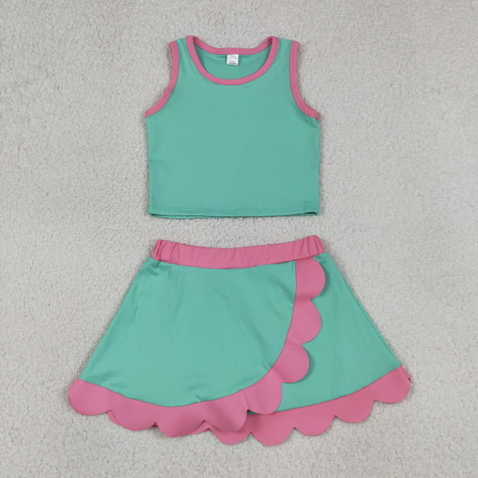 Baby Girls Sleeveless Aqua Pink Vest Scallop Skirt Short Yoga Active Clothes Set