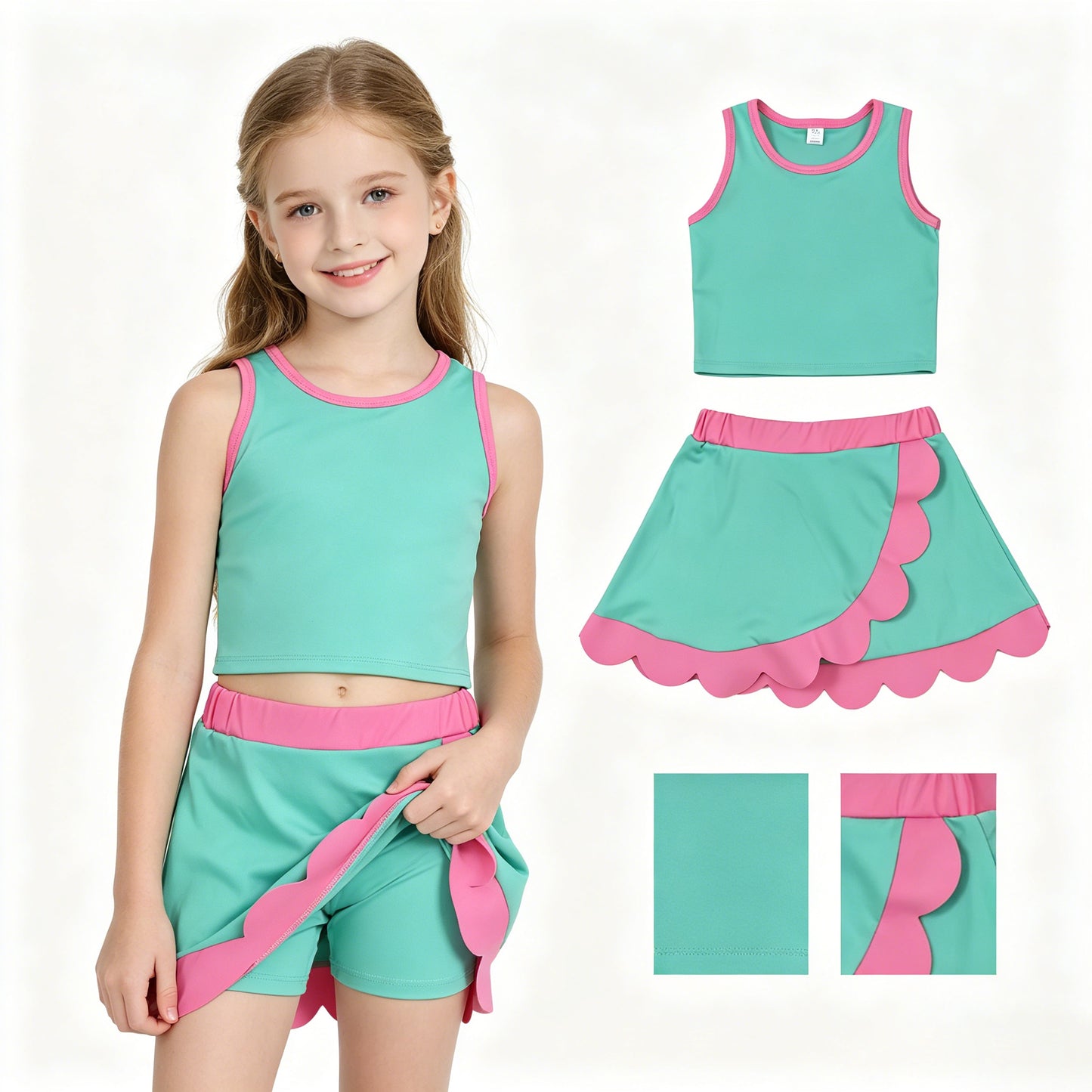 Baby Girls Sleeveless Aqua Pink Vest Scallop Skirt Short Yoga Active Clothes Set