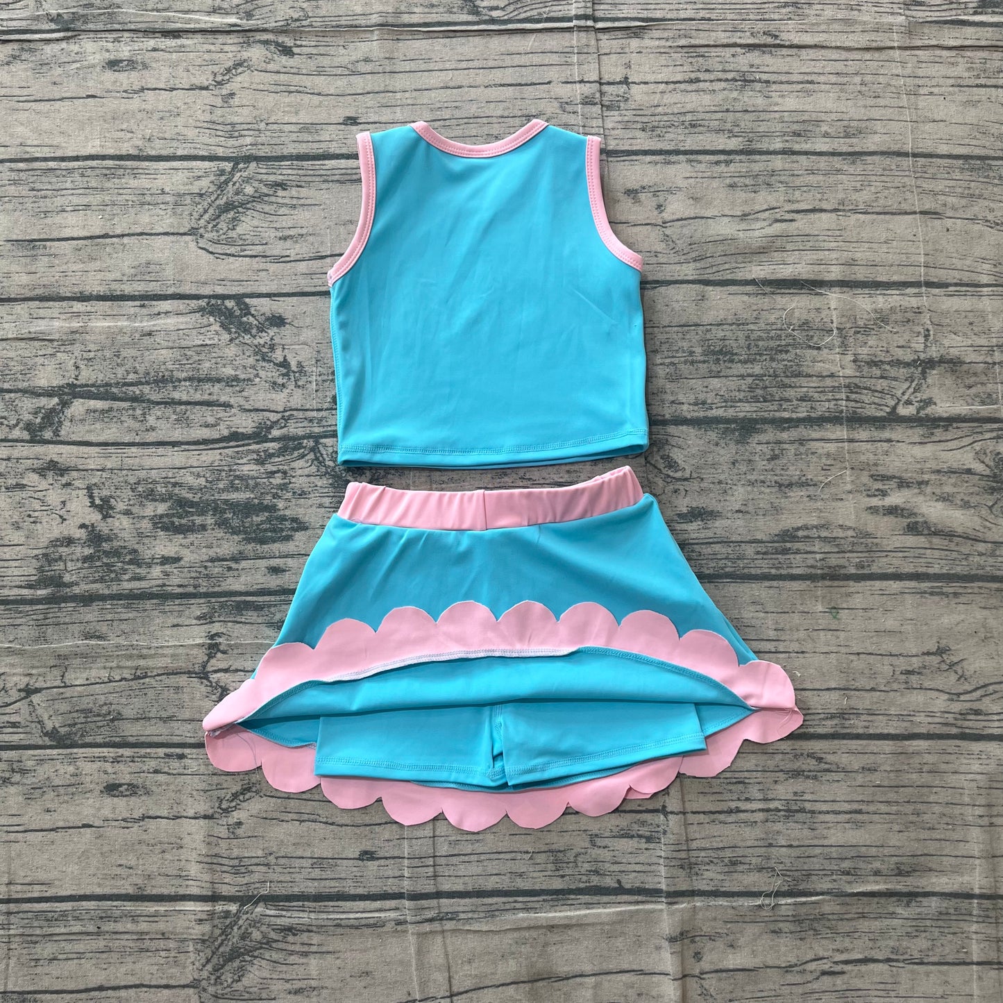 Baby Girls Sleeveless Lake Blue Pink Vest Scallop Skirt Short Yoga Active Clothes Set