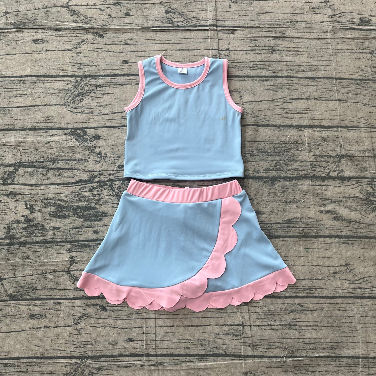 Baby Girls Sleeveless Blue Pink Vest Scallop Skirt Short Yoga Active Clothes Set