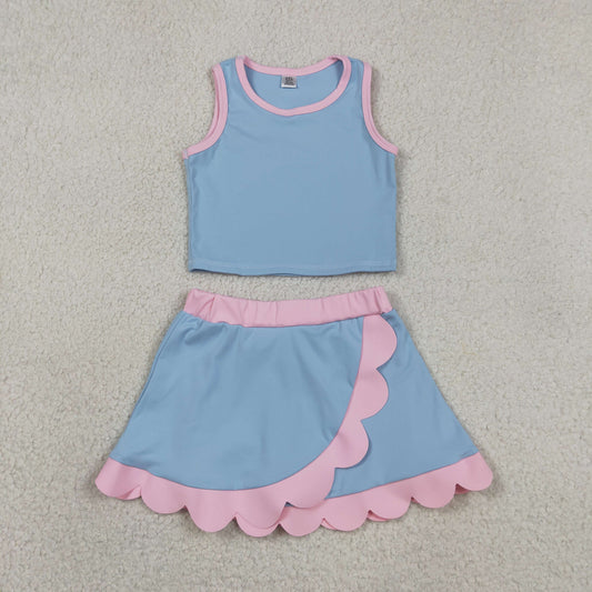USA Shop Baby Girls Blue Pink Vest Top Scallop Skirt Shorts Yoga Active Clothes Sets