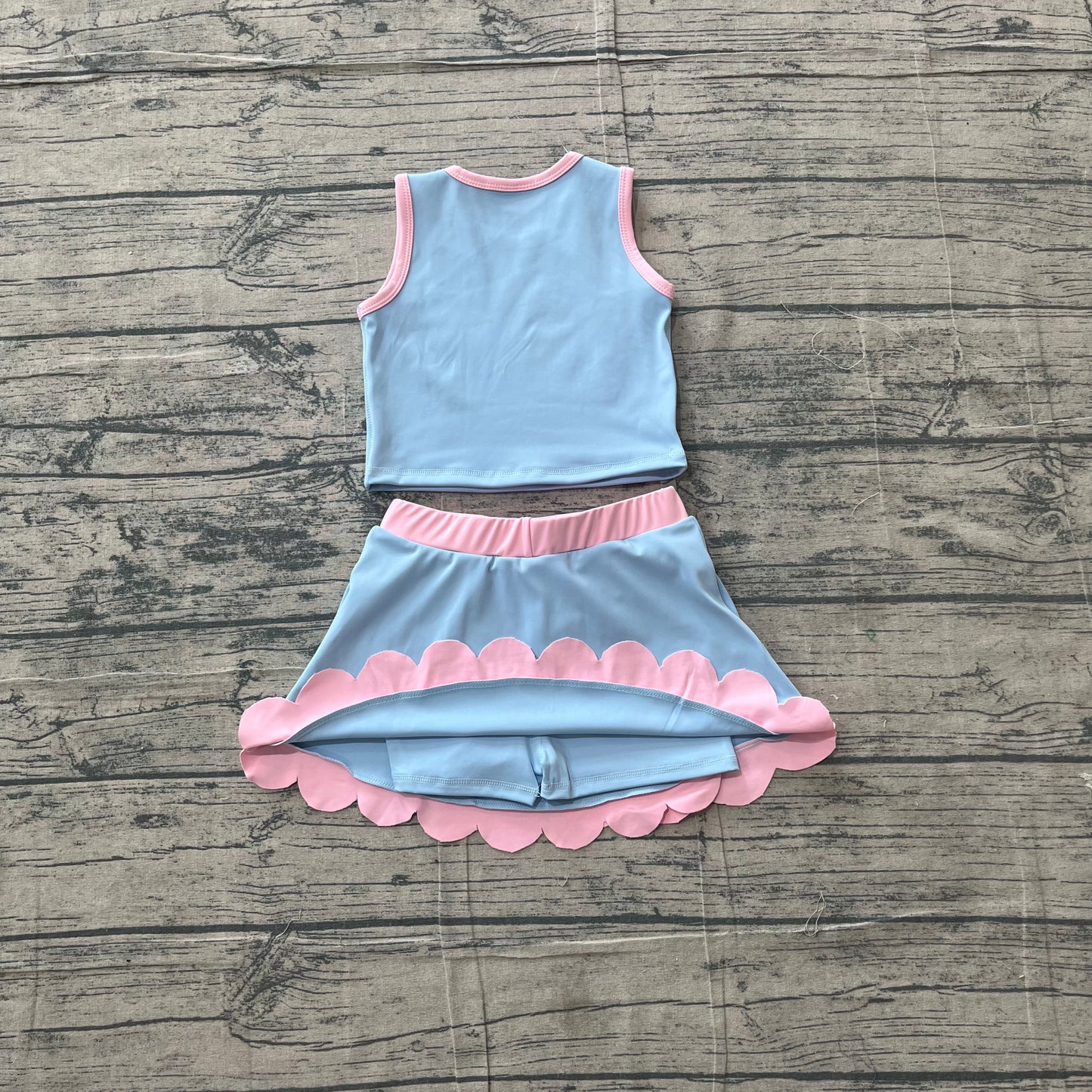 Baby Girls Sleeveless Blue Pink Vest Scallop Skirt Short Yoga Active Clothes Set