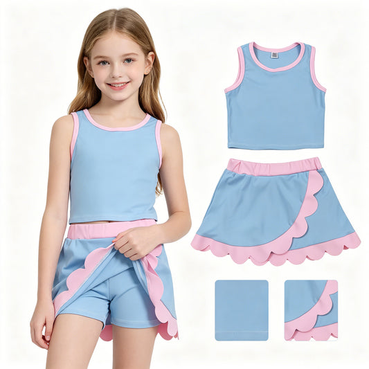 Baby Girls Sleeveless Blue Pink Vest Scallop Skirt Short Yoga Active Clothes Set