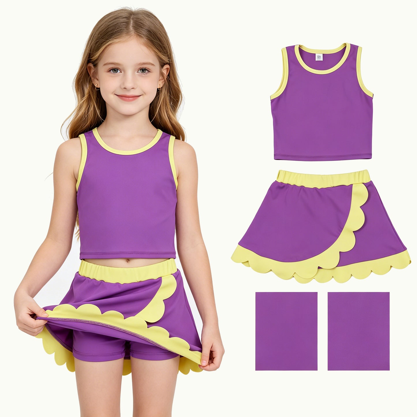Baby Girls Purple Yellow Vest Scallop Skirt Short Yoga Active Clothes Set