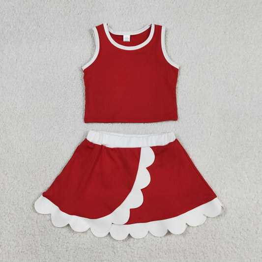 Baby Girls Sleeveless Red White Vest Scallop Skirt Short Yoga Active Clothes Set