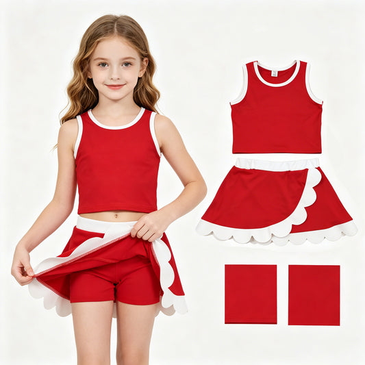 Baby Girls Sleeveless Red White Vest Scallop Skirt Short Yoga Active Clothes Set