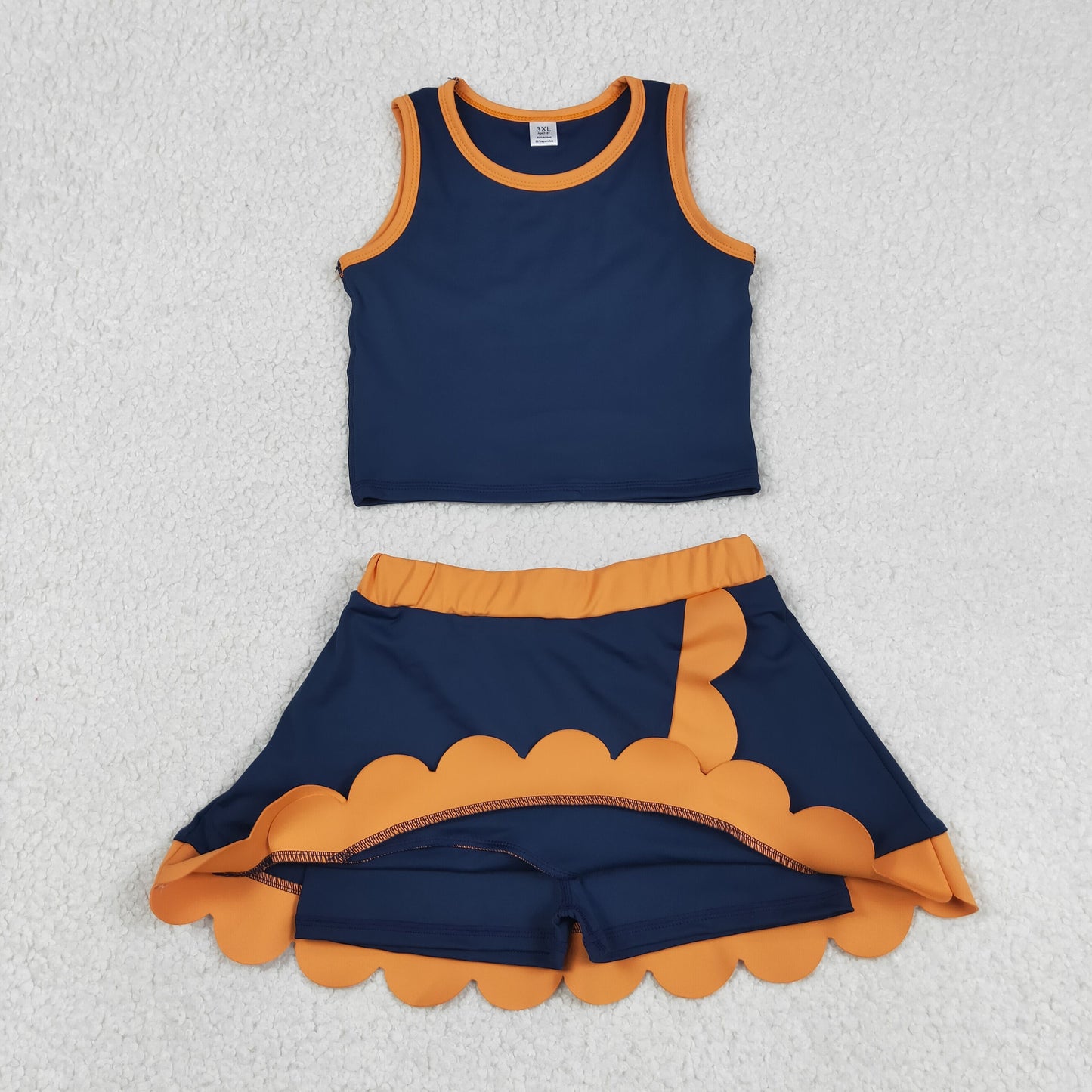 Baby Girls Navy Orange Vest Scallop Skirt Short Yoga Active Clothes Set