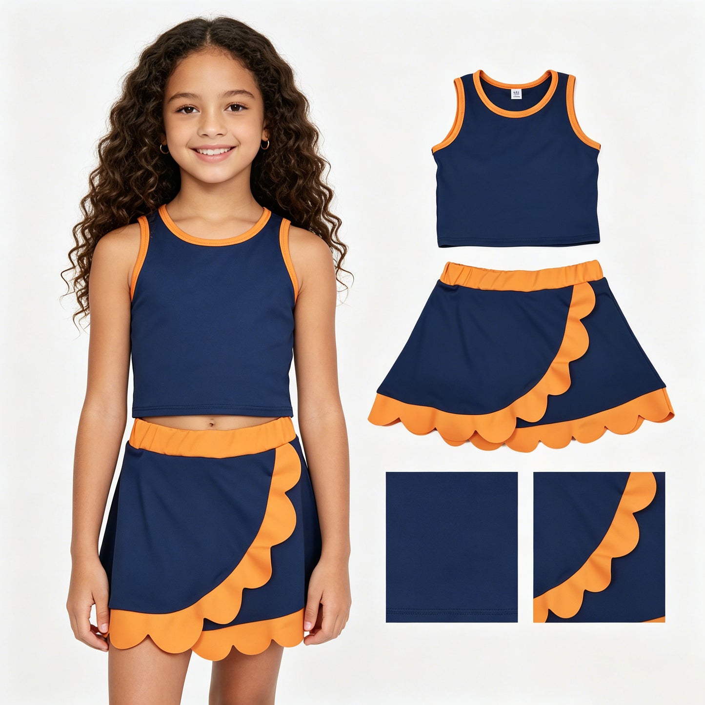 Baby Girls Navy Orange Vest Scallop Skirt Short Yoga Active Clothes Set