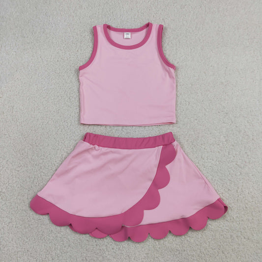 Baby Girls Sleeveless Pink Vest Scallop Skirt Short Yoga Active Clothes Set