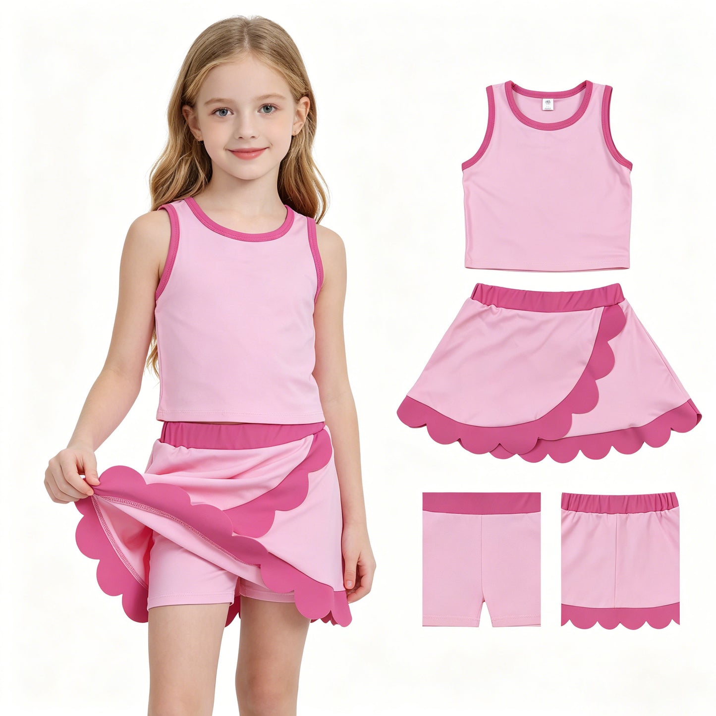 Baby Girls Sleeveless Pink Vest Scallop Skirt Short Yoga Active Clothes Set