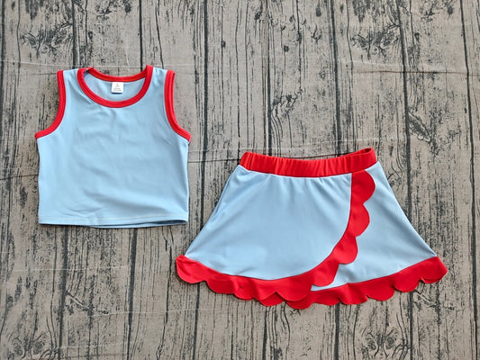 Baby Girls Sleeveless Blue Red Vest Scallop Skirt Short Yoga Active Clothes Set Preorder