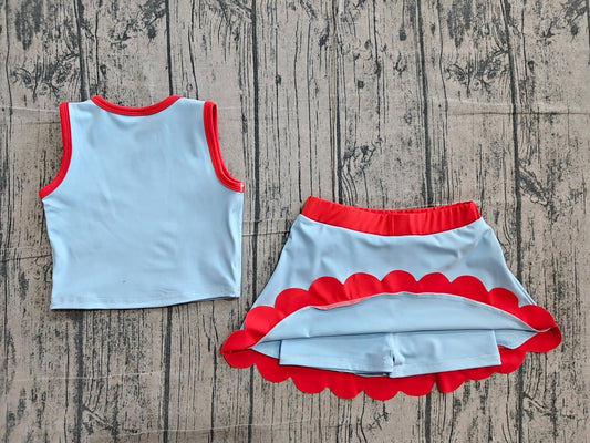 Baby Girls Sleeveless Blue Red Vest Scallop Skirt Short Yoga Active Clothes Set Preorder