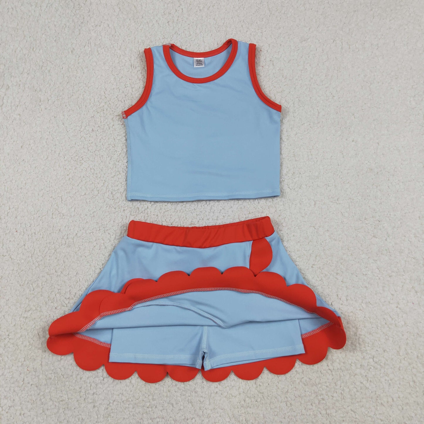 Baby Girls Sleeveless Blue Red Vest Scallop Skirt Short Yoga Active Clothes Set