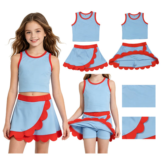 Baby Girls Sleeveless Blue Red Vest Scallop Skirt Short Yoga Active Clothes Set