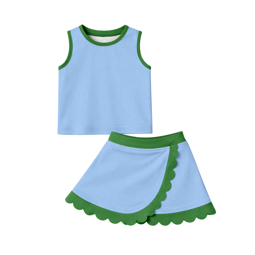 Baby Girls Sleeveless Blue Green Vest Scallop Skirt Short Yoga Active Clothes Set Preorder