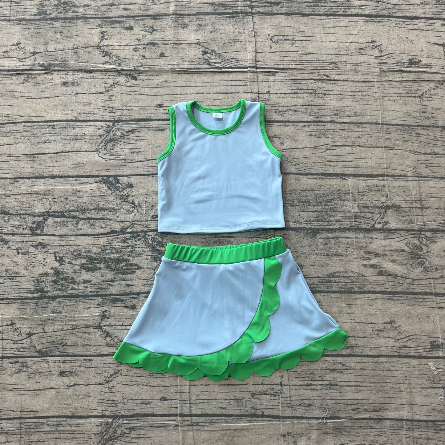 Baby Girls Sleeveless Blue Green Vest Scallop Skirt Short Yoga Active Clothes Set Preorder