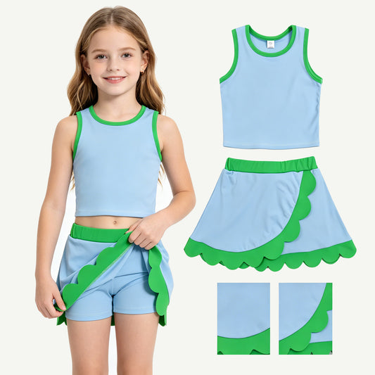 Baby Girls Blue Green Vest Scallop Skirt Short Yoga Active Clothes Set