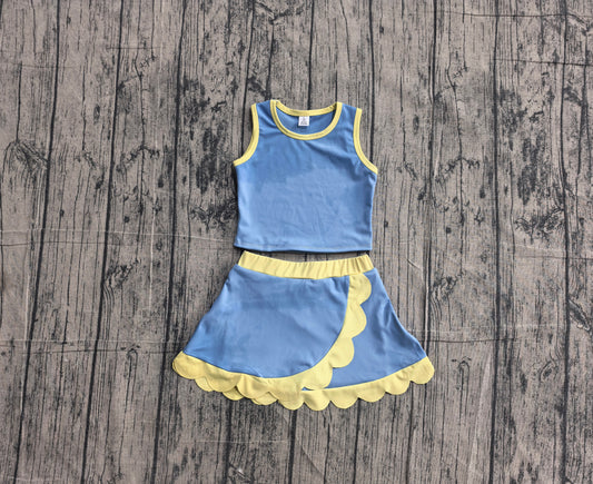 Baby Girls Sleeveless Blue Yellow Vest Scallop Skirt Short Yoga Active Clothes Set Preorder