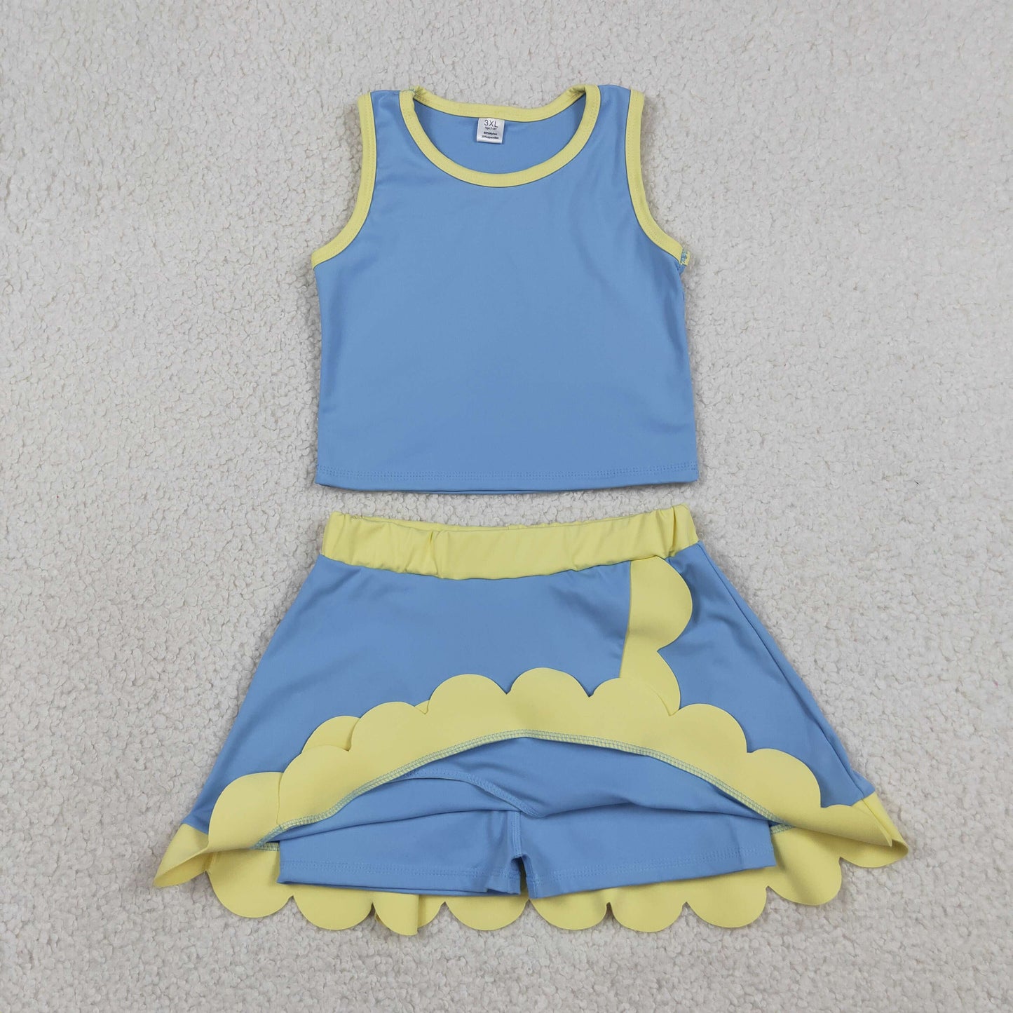 Baby Girls Sleeveless Blue Yellow Vest Scallop Skirt Short Yoga Active Clothes Set
