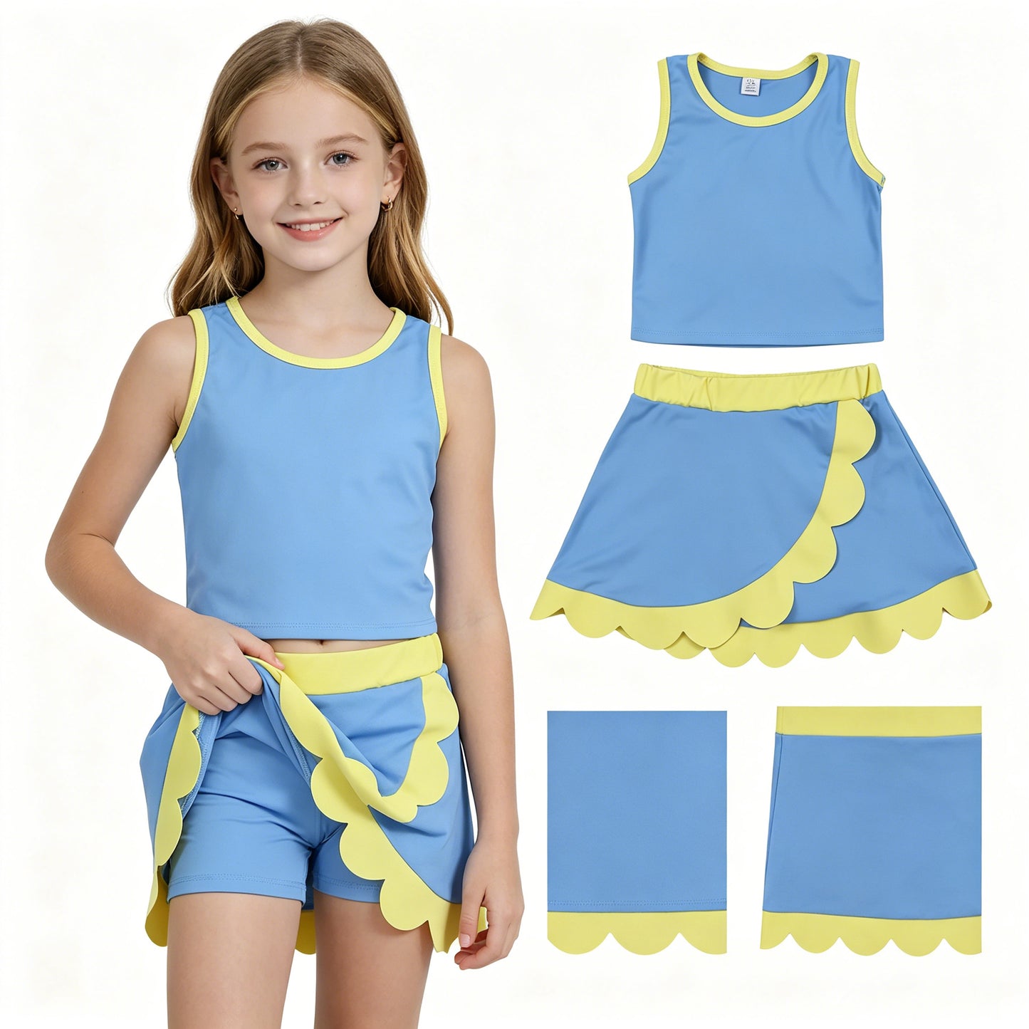 Baby Girls Sleeveless Blue Yellow Vest Scallop Skirt Short Yoga Active Clothes Set