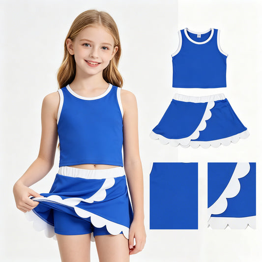 Baby Girls Sleeveless Blue White Vest Scallop Skirt Short Yoga Active Clothes Set