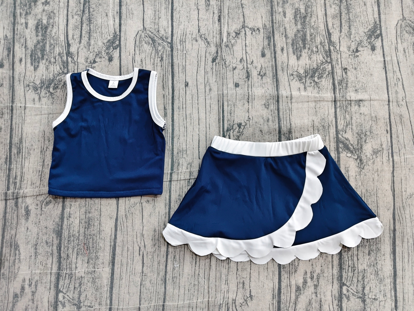 Baby Girls Sleeveless Navy White Vest Scallop Skirt Short Yoga Active Clothes Set