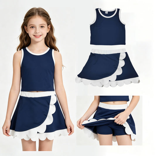 Baby Girls Sleeveless Navy White Vest Scallop Skirt Short Yoga Active Clothes Set
