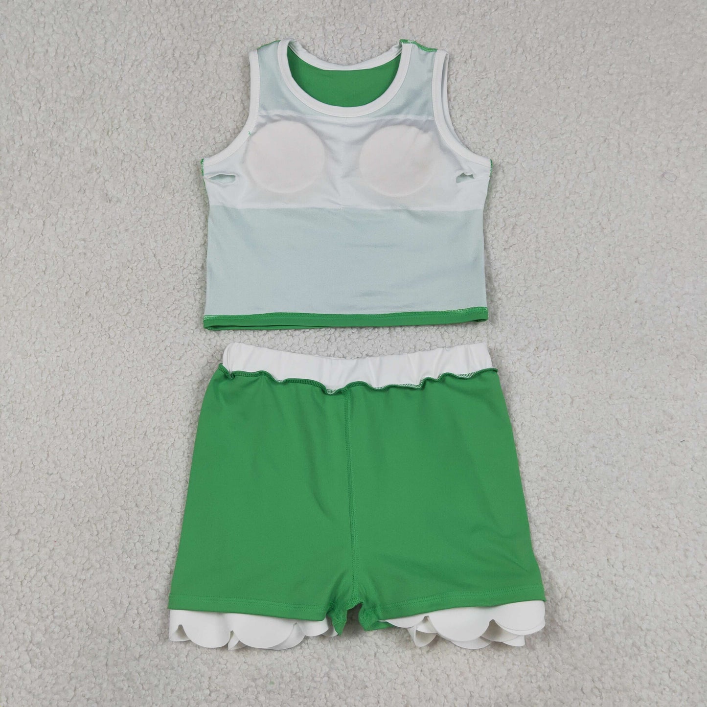 Baby Girls Sleeveless Green Vest Scallop Skirt Short Yoga Active Clothes Set