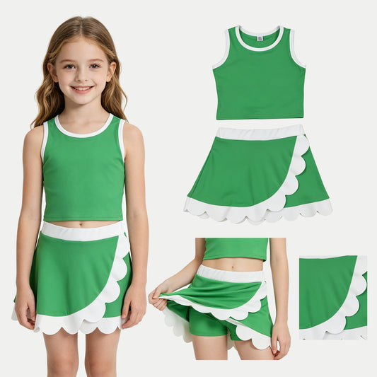 Baby Girls Sleeveless Green Vest Scallop Skirt Short Yoga Active Clothes Set