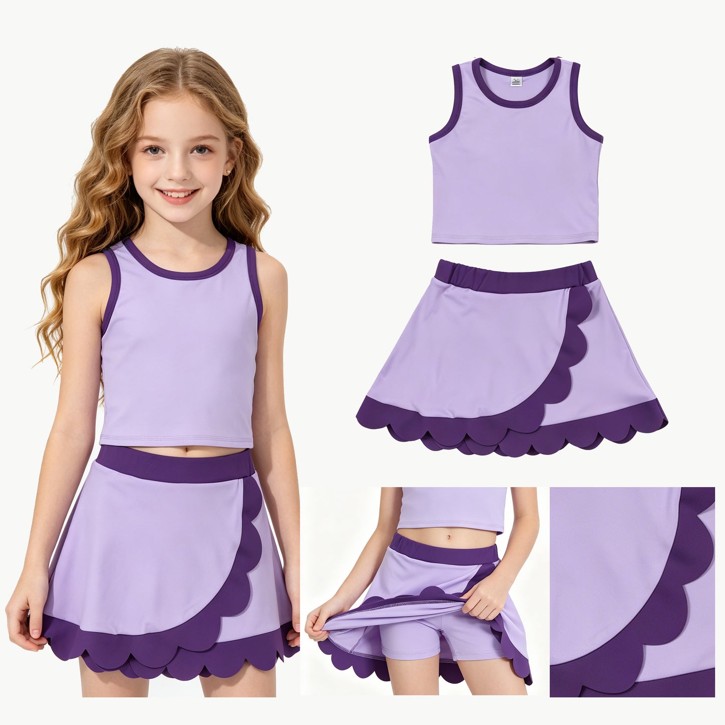 Baby Girls Sleeveless Purple Vest Scallop Skirt Short Yoga Active Clothes Set