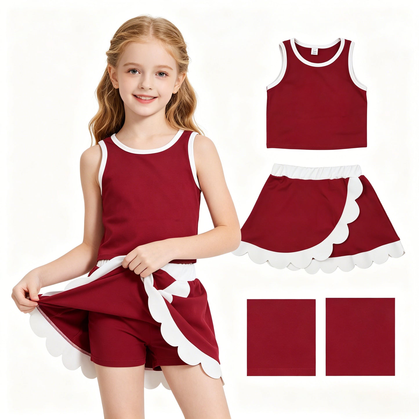 Baby Girls Sleeveless Maroon Vest Scallop Skirt Short Yoga Active Clothes Set