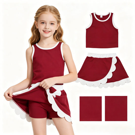 Baby Girls Sleeveless Maroon Vest Scallop Skirt Short Yoga Active Clothes Set