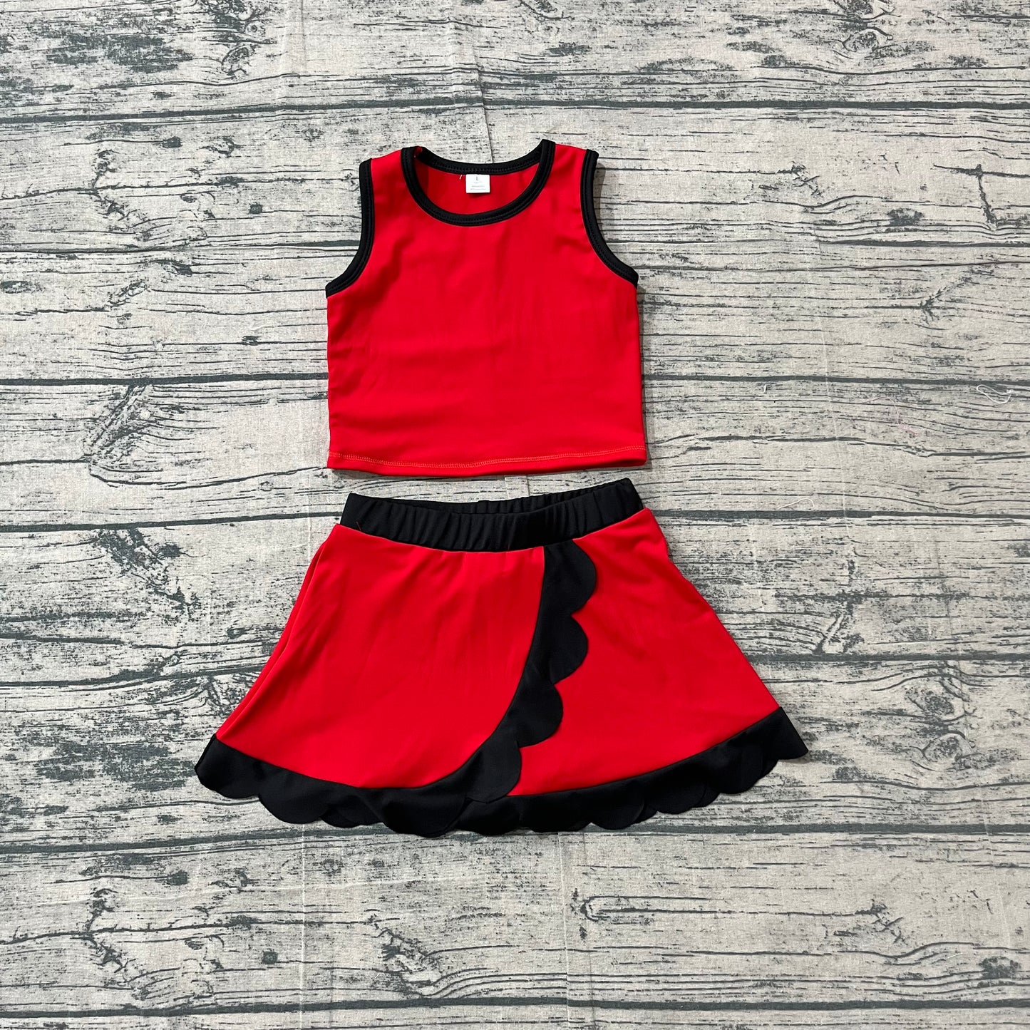 Baby Girls Sleeveless Red Black Vest Scallop Skirt Short Yoga Active Clothes Set
