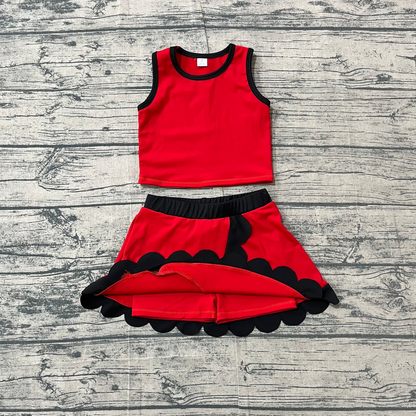 Baby Girls Sleeveless Red Black Vest Scallop Skirt Short Yoga Active Clothes Set