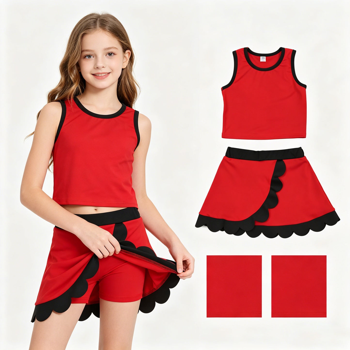 Baby Girls Sleeveless Red Black Vest Scallop Skirt Short Yoga Active Clothes Set