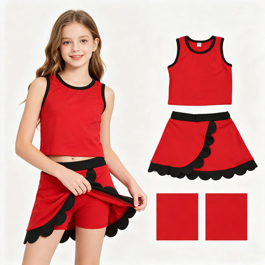 Baby Girls Sleeveless Red Black Vest Scallop Skirt Short Yoga Active Clothes Set