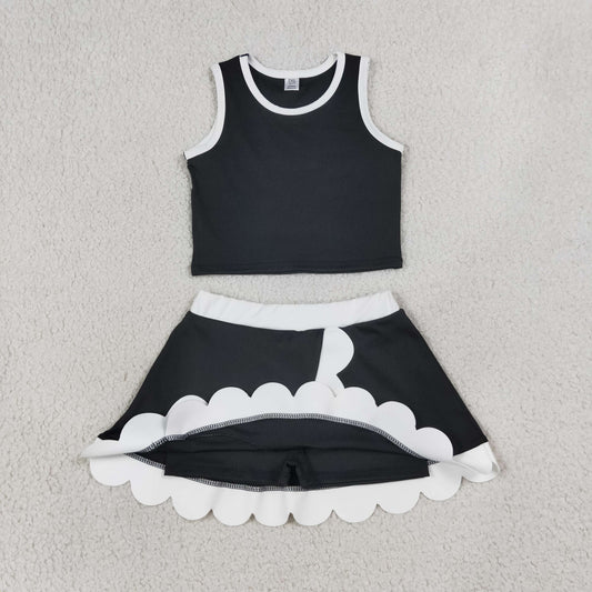 Baby Girls Black Crop Vest Scallop Skirt Yoga Active Clothes Sets