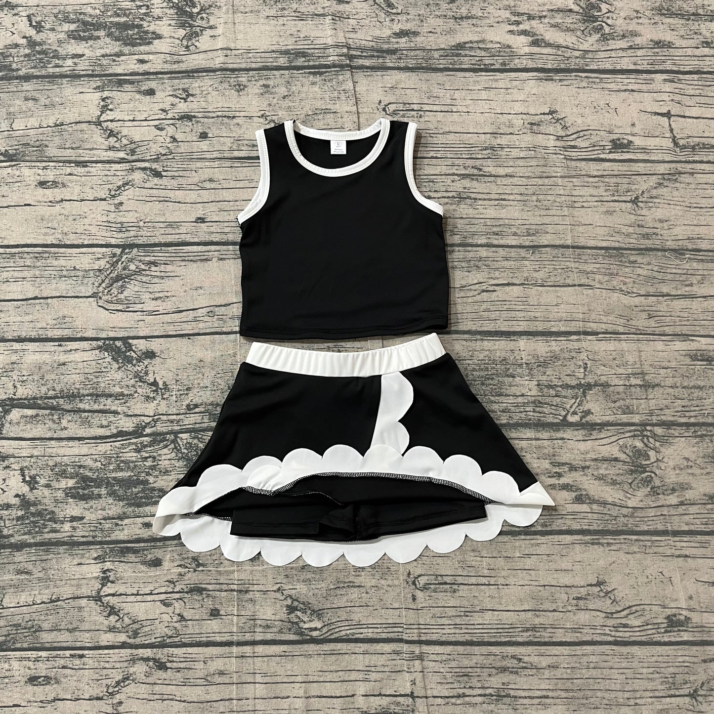 Baby Girls Sleeveless Black Vest Scallop Skirt Short Yoga Active Clothes Set Preorder