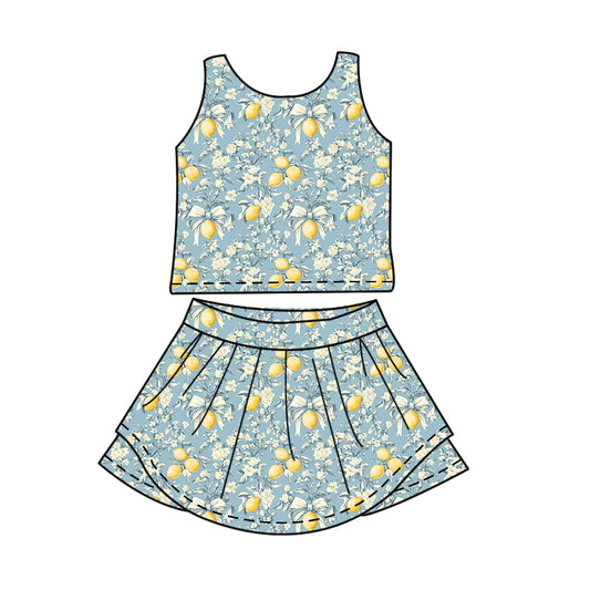 Baby Girls Lemon Flowers Bows Vest Skirt Short Yoga Active Clothes Set Preorder