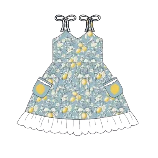 Baby Girls Strap Lemon Flowers Pockets Ruffle Knee Length Dresses Preorder