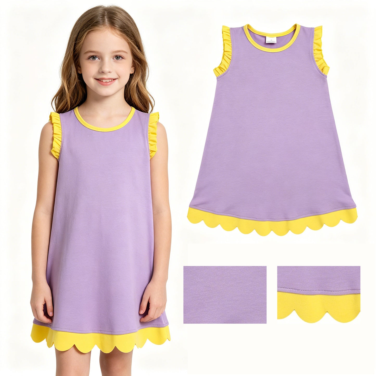Baby Girls Lavender Yellow Sleeveless Scallop Knee Length Dresses